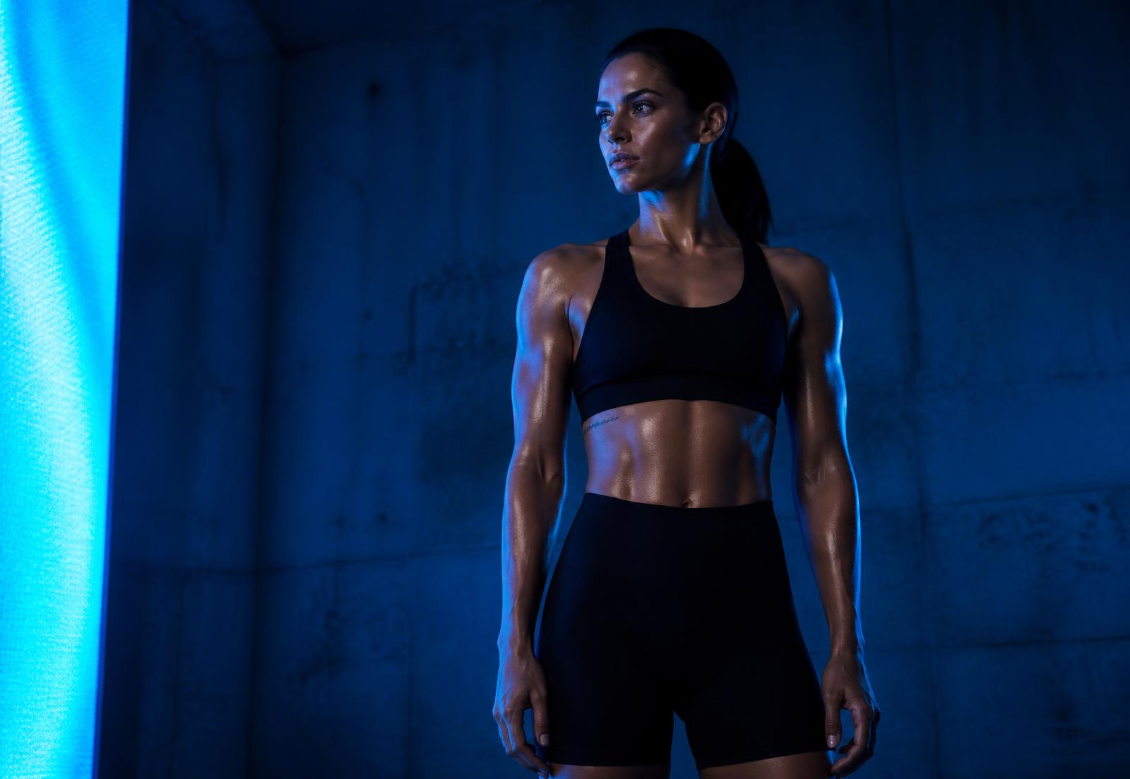 Athlete standing in a concrete studio lit by electric blue light