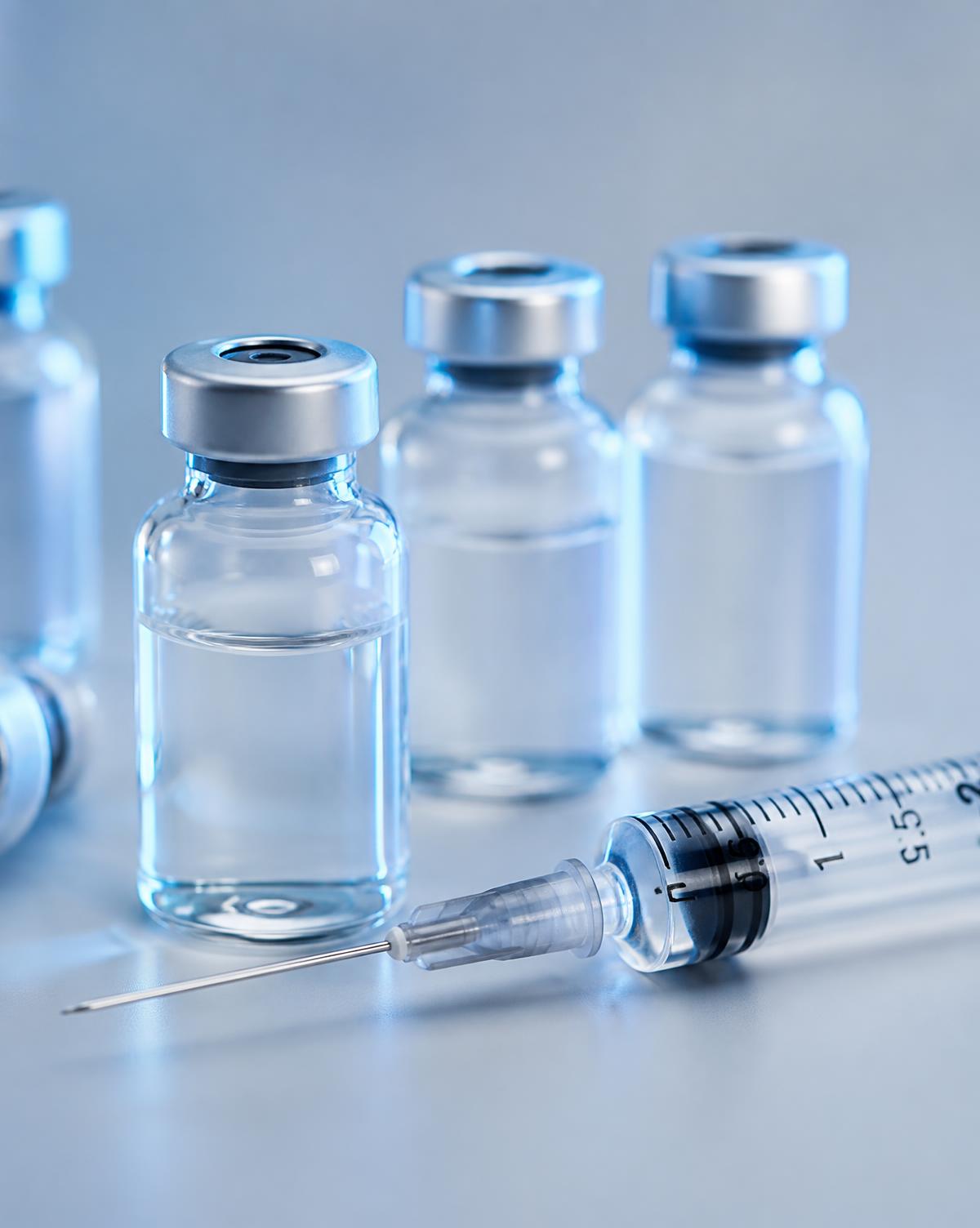 Sterile peptide vials and syringe on a pale surface